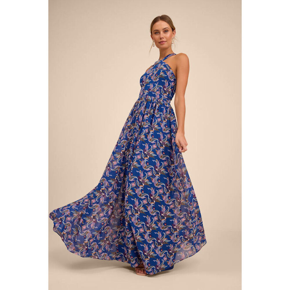 NEW Lulus Lilja Blue Floral Print Maxi Dress - Size S